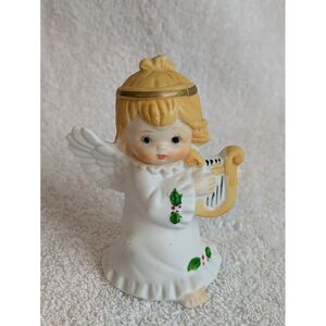 Vintage Christmas Angel Figurine Harp Holly Decoration‎ Ceramic Holiday Decor 3"